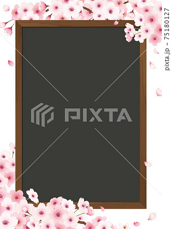 桜と黒板の手描きイラストフレーム 縦 白バックのイラスト素材