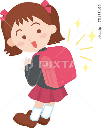 ピカピカの赤いランドセルを背負った制服姿の女の子のイラスト素材
