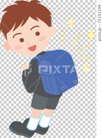 ピカピカの青いランドセルを背負った制服姿の男の子 75183194