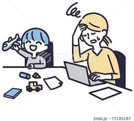 リモートワーク 子供 仕事に集中できない女性のイラスト素材