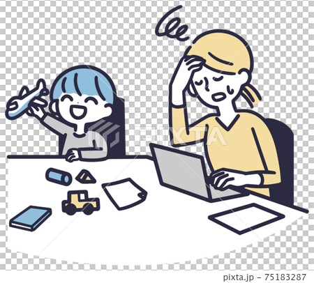 リモートワーク 子供 仕事に集中できない女性のイラスト素材