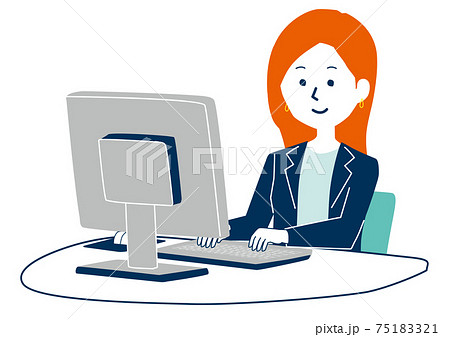 パソコンを使って仕事をする女性のイラストのイラスト素材
