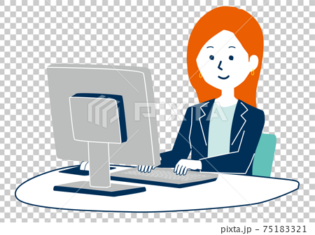 パソコンを使って仕事をする女性のイラストのイラスト素材