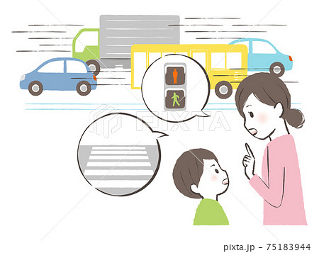 車道を渡ってはいけないと教える母親のイラスト素材