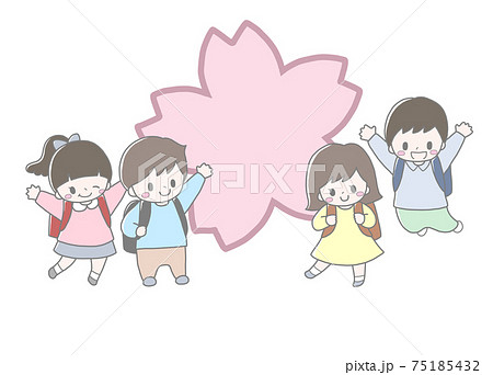 かわいい小学生4人と大きな桜の花の春の入学進級手描き風イラストのイラスト素材