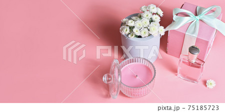 female gift set in pink color, perfume bottle, soy scented candle female gift set in pink color, perfume bottle, soy scented candle 75185723