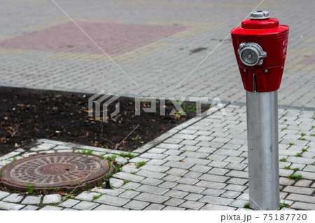 Fire hydrant pole on the city street installed in the middle of the bridge 75187720