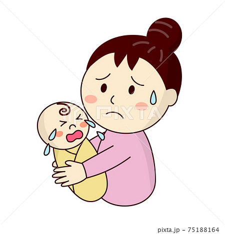 泣いている赤ちゃんに困っているお母さんのイラスト素材