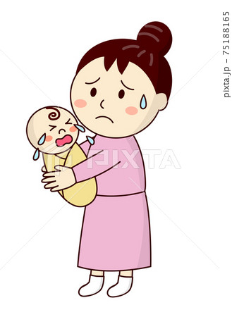 泣いている赤ちゃんに困っているお母さんのイラスト素材