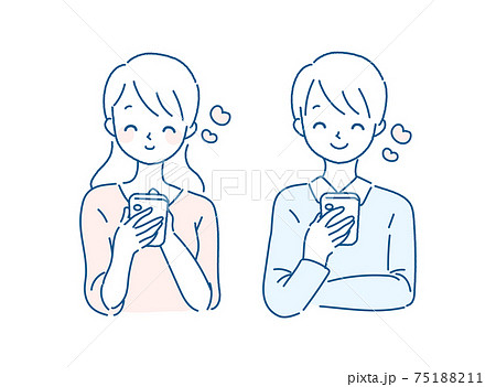 スマホで連絡を取り合う男女のイラスト 幸せのイラスト素材