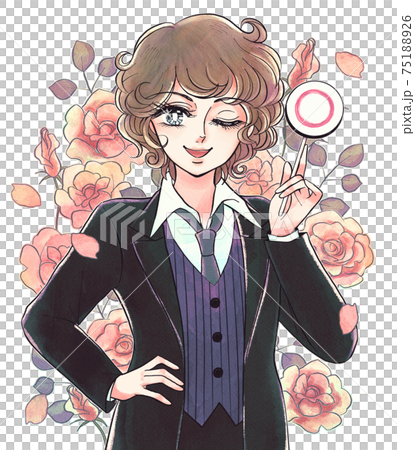 Retro girl cartoon style, smiling boy with a round bill, flower background 75188926