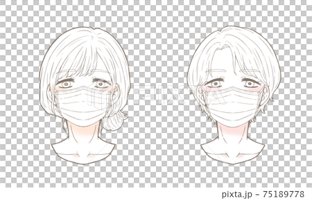 マスク着用人物の線画 パーソナルカラー マスクをつけている女性 正面