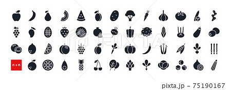 Set of vector icons. Vegetables, fruits and berries. Black isolated silhouette. Fill solid icon, glyph. Modern design. Healthy food and vitamins. Set of vector icons. Vegetables, fruits and berries. Black isolated silhouette. Fill solid icon, glyph. Modern design. Healthy food and vitamins. 75190167