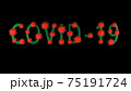 Green text covid-19 with red molecules of coronavirus on it on black background. 75191724