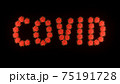 Inscription covid of red molecules of covid-19 virus on black background. 75191728