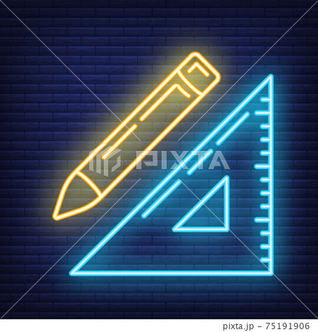 Concept neon pencil, wooden ruler triangle icon, writing pen and measuring utensils stuff for drawing flat line vector illustration, isolated on dark brickwork. 75191906