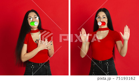 Mood switch on female face. Happy and angry, splitting personality. Modern interface and human emotions Mood switch on female face. Happy and angry, splitting personality. Modern interface and human emotions 75193162