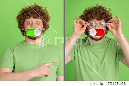 Mood switch on male face. Happy and angry, splitting personality. Modern interface and human emotions 75193168