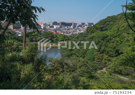 丘の上から広大な日本庭園と市街地を見渡す (三渓園、横浜、神奈川県) 丘の上から広大な日本庭園と市街地を見渡す (三渓園、横浜、神奈川県) 75193234