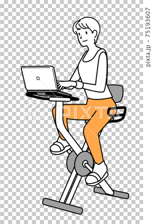フィットネスバイクに乗りながらノートパソコンで作業をする 75193607