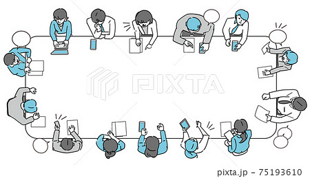 上からの俯瞰視点によるオフィスの会議室の風景のイラスト素材