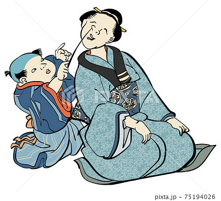 浮世絵-寺子屋で母親にちょっかいをかけて甘える幼児 75194026
