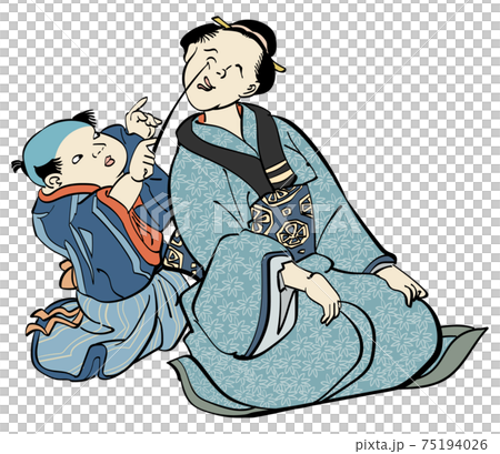 浮世絵-寺子屋で母親にちょっかいをかけて甘える幼児 75194026