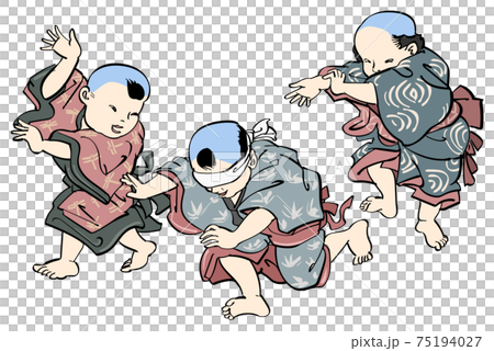 浮世絵-寺子屋で勉強をせずに目隠し鬼ごっこをする子供達 75194027