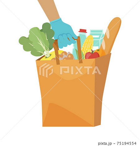 Couriers hand in blue protective glove holding delivery paper bag with food isolated on white background. Flat vector illustration. Safe food delivery to home and office during covid-19 quarantine. Couriers hand in blue protective glove holding delivery paper bag with food isolated on white background. Flat vector illustration. Safe food delivery to home and office during covid-19 quarantine. 75194554