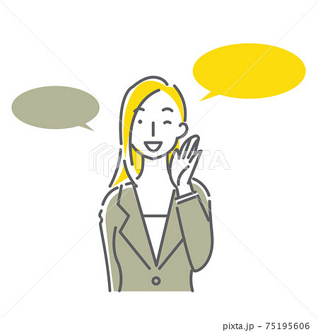 笑顔で呼びかけるスーツの女性のシンプルでおしゃれな線画イラスト 75195606