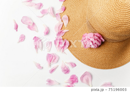 Summer, spring concept, straw braided hat, pink peony flowers and petals on white 75196003