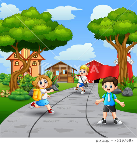 Happy school kids walking on the road - Stock Illustration [75197697] -  PIXTA