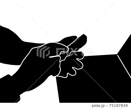 スマホを手に取り操作するリモートワークのシルエットのイラスト素材