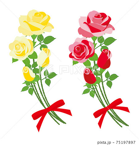 赤いバラと黄色いバラの花束セットのイラスト素材