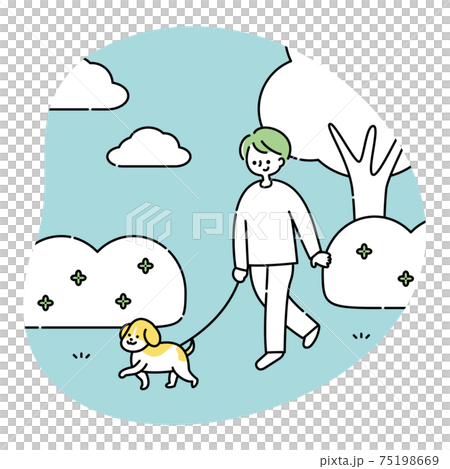 犬と公園を散歩する男性のイラスト素材