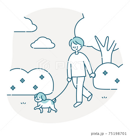 犬と公園を散歩する男性のイラスト素材