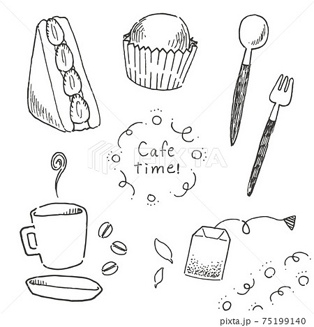お茶とお菓子のモノクロイラストセットのイラスト素材