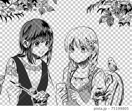 携帯を見る女子とパフェを食べる女子のモノクロイラストのイラスト素材