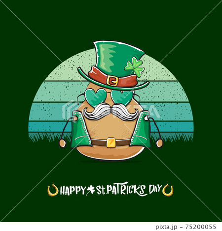 Happy saint patricks day greeting card with funky leprechaun potato character with green particks hat isolated on green background with vintage sun. Rock n roll saint Patrick vegetable character 75200055