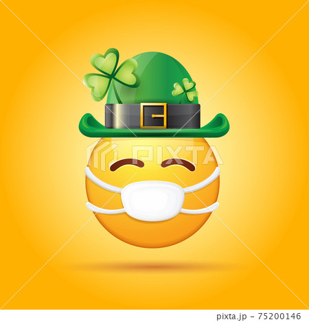 Vector Emoji sticker with mouth medical protection mask and saint Patricks green hat isolated on orange background. Yellow st. Patricks smile face character with hat and white surgeon mask. 75200146