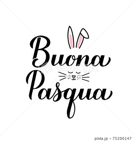 Happy Easter calligraphy hand lettering in Italian language with cute bunny face. Easter celebration typography poster. Vector template for party invitation, greeting card, banner, sticker, etc. 75200147