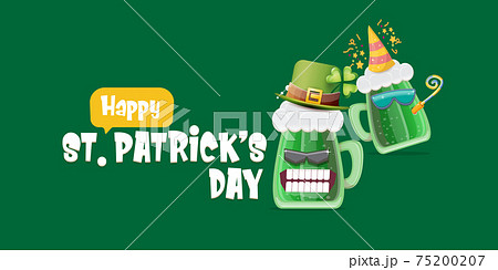 Happy st. Patricks day horizontal banner with cartoon funny beer glass friends characters with sunglasses isolated on green background. Patricks day cartoon comic poster with funky green beer Happy st. Patricks day horizontal banner with cartoon funny beer glass friends characters with sunglasses isolated on green background. Patricks day cartoon comic poster with funky green beer 75200207