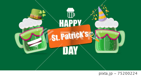 Happy st. Patricks day horizontal banner with cartoon funny beer glass friends characters with sunglasses isolated on green background. Patricks day cartoon comic poster with funky green beer 75200224