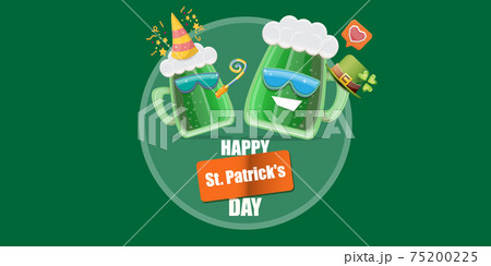 Happy st. Patricks day horizontal banner with cartoon funny beer glass friends characters with sunglasses isolated on green background. Patricks day cartoon comic poster with funky green beer 75200225