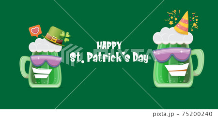 Happy st. Patricks day horizontal banner with cartoon funny beer glass friends characters with sunglasses isolated on green background. Patricks day cartoon comic poster with funky green beer Happy st. Patricks day horizontal banner with cartoon funny beer glass friends characters with sunglasses isolated on green background. Patricks day cartoon comic poster with funky green beer 75200240