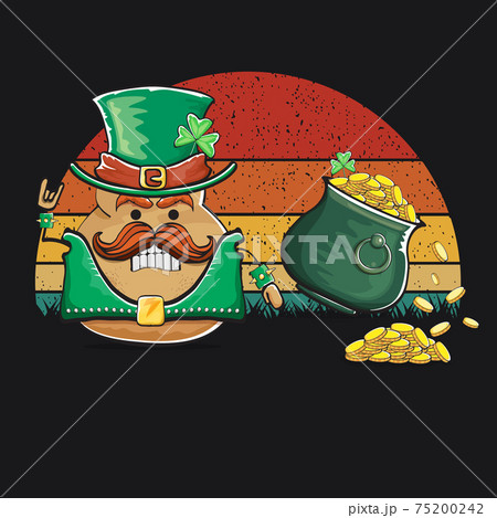 Happy Saint Patricks day poster with funky leprechaun potato character with green Patricks hat and Pot Full of Golden Coins on vintage sunset background. Rock n roll Patricks day funky character 75200242