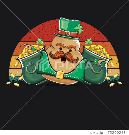 Happy Saint Patricks day poster with funky leprechaun potato character with green Patricks hat and Pot Full of Golden Coins on vintage sunset background. Rock n roll Patricks day funky character Happy Saint Patricks day poster with funky leprechaun potato character with green Patricks hat and Pot Full of Golden Coins on vintage sunset background. Rock n roll Patricks day funky character 75200243