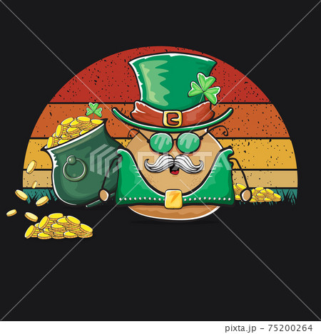 Happy Saint Patricks day poster with funky leprechaun potato character with green Patricks hat and Pot Full of Golden Coins on vintage sunset background. Rock n roll Patricks day funky character Happy Saint Patricks day poster with funky leprechaun potato character with green Patricks hat and Pot Full of Golden Coins on vintage sunset background. Rock n roll Patricks day funky character 75200264