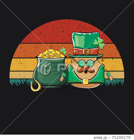 Happy Saint Patricks day poster with funky leprechaun potato character with green Patricks hat and Pot Full of Golden Coins on vintage sunset background. Rock n roll Patricks day funky character Happy Saint Patricks day poster with funky leprechaun potato character with green Patricks hat and Pot Full of Golden Coins on vintage sunset background. Rock n roll Patricks day funky character 75200270