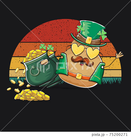 Happy Saint Patricks day poster with funky leprechaun potato character with green Patricks hat and Pot Full of Golden Coins on vintage sunset background. Rock n roll Patricks day funky character Happy Saint Patricks day poster with funky leprechaun potato character with green Patricks hat and Pot Full of Golden Coins on vintage sunset background. Rock n roll Patricks day funky character 75200271